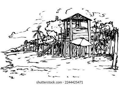 Wooden lifeguard tower on the sea beach with palm trees. Ink sketch. Playa Caribe, Margarita Island, Venezuela