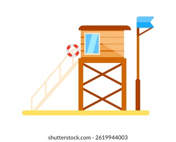 Wooden lifeguard tower standing on beach with blue flag and lifebuoy ring