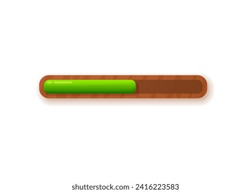 Wooden loading bar with green stripe 3D style, vector illustration isolated on white background. Decorative UI design game element for web and app, loading process