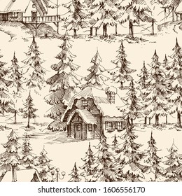 Wooden lodge in the pine forest. Idyllic landscape, holidays resort graphic seamless pattern