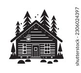Wooden log cabin in scandi linocut style vector illustration. Alpine cottage in country holiday village cartoon. 