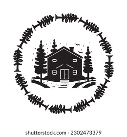 Wooden log cabin in scandi linocut style vector illustration. Alpine cottage in country holiday village cartoon. 