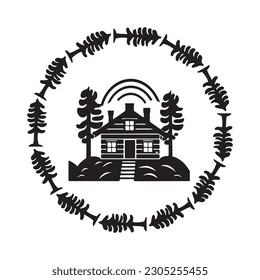 Wooden log cabin in scandi linocut style vector illustration. Alpine cottage in country holiday village cartoon. 