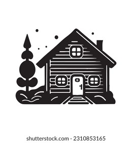 Wooden log cabin in scandi linocut style vector illustration. Alpine cottage in country holiday village cartoon. 