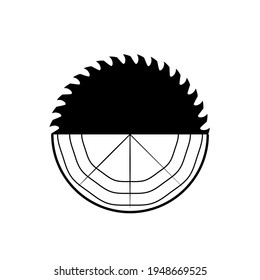 Wooden log and circular saw logo. Vector for carpentry, woodwork, lumberjack, woodcraft, sawmill service. Isolated clipart on white background.