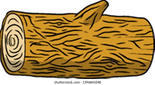 Wooden log. Construction wood material with bark. Brown timber forest element. Color hand-drawn illustration. Work of lumberjack