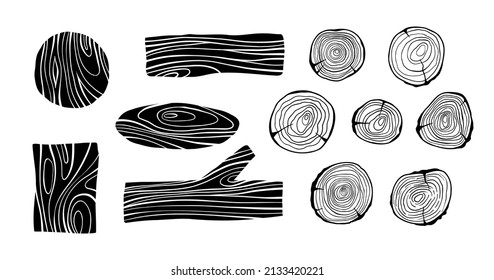 Wooden log cut set. Wooden tree rings, doodle saw cut tree trunk, log stump slice, timber texture. Vector illustration