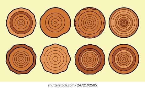 Wooden log cut set. Wooden tree rings, doodle saw cut tree trunk, log stump slice, timber texture. Vector illustration, Tree trunks cross sections