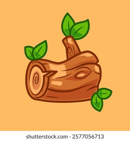 Wooden log with green leaves on warm background modern vector graphic illustration.