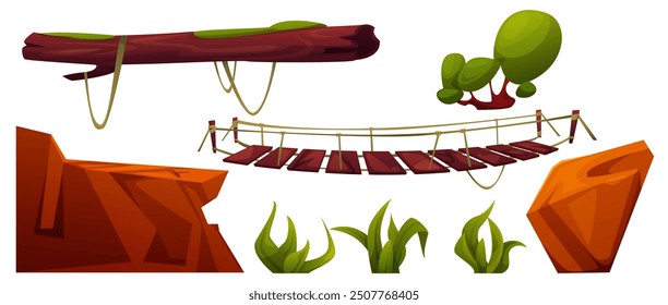 Wooden log and hanging rope bridge for danger cliff cross walkway landscape design. Rock edges, tree and green grass, timber footbridge for connection precipice and chasm land. Cartoon vector set