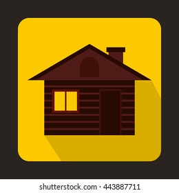 Wooden log house icon in flat style on a yellow background