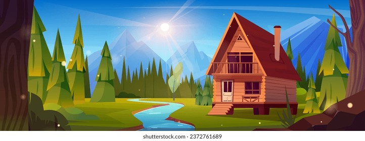 Wooden log house near mountain river. Vector cartoon illustration of nice cottage with porch, windows and chimney on roof, evergreen fir tree forest around, sun shining bright in cloudless blue sky