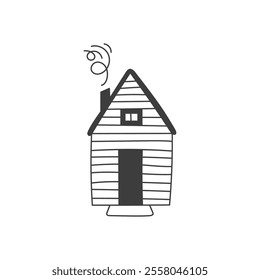 Wooden Log House with Smoke from Chimney illustration. Cabin or Chalet doodle vector art. Country or village building. Hand drawn line style.