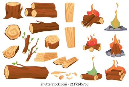 Wooden log materials and burning firewoods icons set, flat vector illustration isolated on white background. Wooden pieces in stacks and burning with flame.