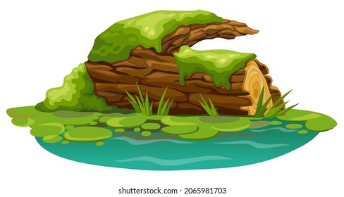 Wooden log in moss in marsh. Cartoon tree in swamp jungle. Broken oak, salvinia, water lily. Isolated vector element on white background.