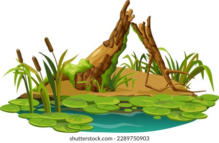 Wooden log in moss in marsh. Cartoon tree in swamp jungle. Broken oak, salvinia, water lily. Isolated vector element on white background.