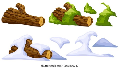 Wooden log in moss, under snow. Cartoon tree in swamp jungle. Broken oak and snowdrifts. Isolated vector elements game style on white background.