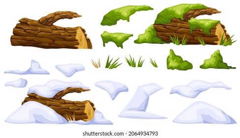 Wooden log in moss, under snow. Cartoon tree in swamp jungle. Broken oak and snowdrifts. Isolated vector elements game style on white background.