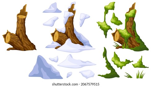 Wooden log in moss, under snow. Cartoon tree in swamp jungle. Broken oak and snowdrifts. Isolated vector elements game style on white background.