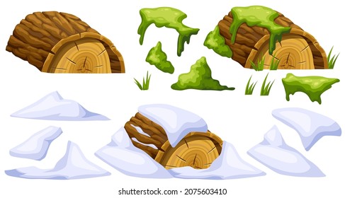 Wooden log in moss, under snow. Cartoon tree in swamp jungle. Broken oak and snowdrifts. Isolated vector elements game style on white background.