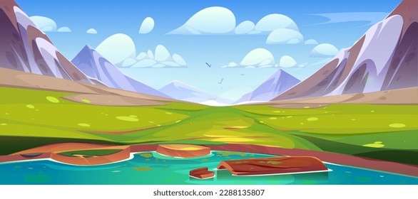 Wooden log in mountain lake water nature landscape. Cartoon summer river near meadow peaceful illustration. Sunny valley in alps to travel. Calm river shore scene on horizontal alpine wallpaper