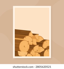 Wooden log pile banner in flat style. Brown and yellow chopped firewood stack form a rustic background with clear grain on each split tree section. Natural wood texture template for warm lumber or