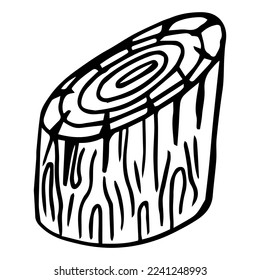 Wooden log, trunk, lumber elements, vector doodle. Chopped tree trunk outline. Firewood, boards, two logs with bark texture, line art. Year rings of a tree, close-up.