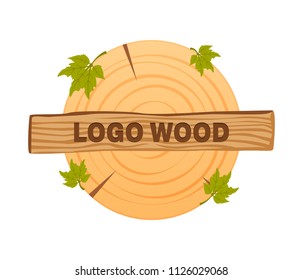 Wooden logo icons, vector wooden sawn rings, cut sections of the trunk, sawdust with leaves. Logotype, woodworking and forest industry icon. Vector illustration isolated.