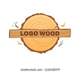 Wooden logo icons, vector wooden sawn rings, cut sections of the trunk. Logotype, woodworking and forest industry icon, sawdust, branches with leaves. Vector illustration isolated.