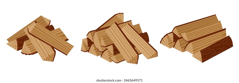 Wooden logs. Bonfire firewood, wood industry materials flat vector illustration set. Cartoon stacked firewood on white