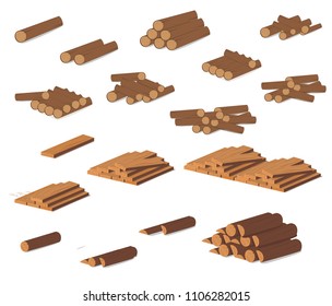 Wooden logs. Brown bark of felled dry wood. Purchase for construction. Vector illustration. A set of wooden straps for wood, an illustration of the industry of wood materials. Wood boards.