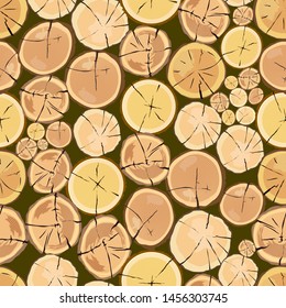 Wooden logs. Brown bark of felled dry wood. A set of logs of various thickness. Illustration of the industry of wood materials. Seamless vector illustration.