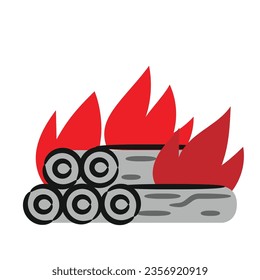 Wooden logs burning in fireplace, cartoon flat vector illustration isolated on white background. Firewood burning and blazing cartoon icon or symbol.