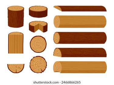 Wooden logs. Cartoon stacked woodwork planks and firewood, tree trunks, planks, wood industry materials, wood lumber branch flat vector illustration set. Wooden products collection