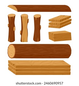 Wooden logs. Cartoon tree trunks, planks, wood industry materials, stacked woodwork planks and firewood vector illustration set. Wood lumber products