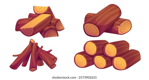 Wooden logs collection - chopped firewood pieces, scattered timber chunks, stacked lumber pile with visible growth rings. Natural material elements campfire. Cartoon woodwork textured bark stacks.