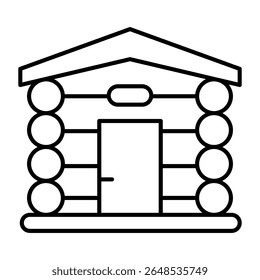 Wooden logs house with door and small window thin line icon, forest industry concept. Vector graphics. Russian bath building sign on white background, style mobile or design