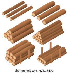 Wooden logs in the isometric. Brown bark of felled dry wood. Procurement for construction. Logs for kindling the furnace. Vector illustration.