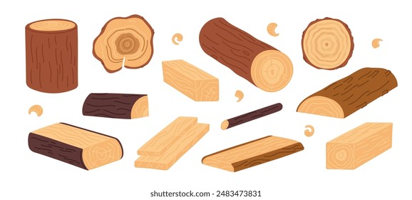 Wooden logs. Natural building and joinery materials. Timber beams. Hardwood planks and stumps. Lumber industry. Woodwork elements. Chopped firewood. Carpentry boards