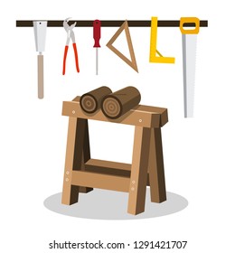 Wooden Logs on Sawhorse with Saws and Tools Isolated on White Background. Hand Cutting Wood Concept.