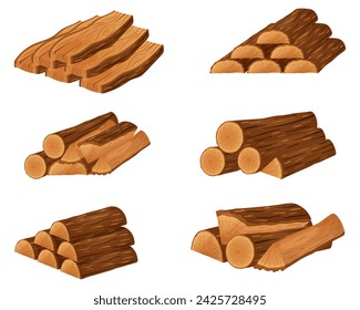 wooden logs, piles of firewood and stacked firewood and boards.