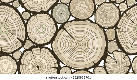 Wooden logs texture. Trunk cuts hand drawing seamless pattern vector illustration