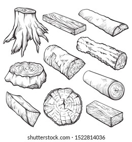 Wooden logs and timber hand drawn illustrations set. Firewood, forest products collection. Various lumber material, trunk sketches. Hardwoods construction material isolated on white background