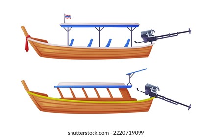 Wooden Long-tail Boat as Thailand Symbol and Famous Transport Vector Set