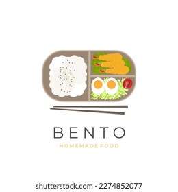 Wooden Lunch Box Bento Vector Illustration Logo With Filled Tempura Ebi Furai Rice And Fresh Vegetables