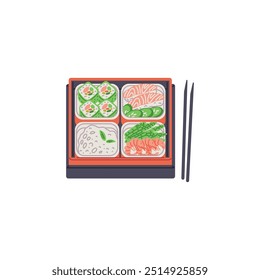 Wooden lunch box. Vector illustration of an open bento box with sushi, rolls, rice, fish and chopsticks on a white background. Perfect for Asian cuisine menu