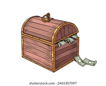 Wooden luxury chest with money. Financial savings that accumulate. Wealth under lock and key. Pop Art Retro Vector Illustration Kitsch Vintage 50s 60s Style. On a white background