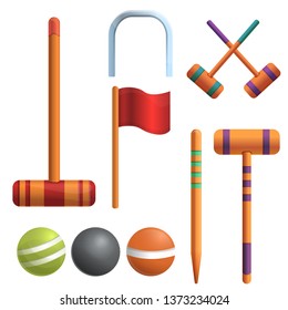 Wooden mallet ball croquet vector icons set. Cartoon set of wooden mallet ball croquet vector icons for web design