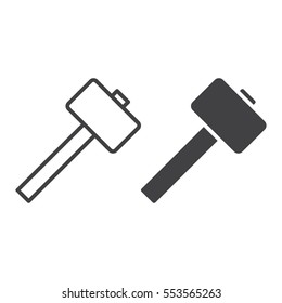 Wooden mallet, hammer line icon, outline and filled vector sign, linear and full pictogram isolated on white. Symbol, logo illustration