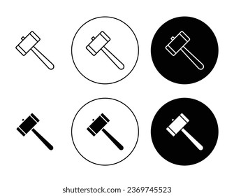 Icono vectorial de línea de martillo de madera conjunto en color negro. Adecuado para aplicaciones y diseños de interfaz de usuario de sitios web